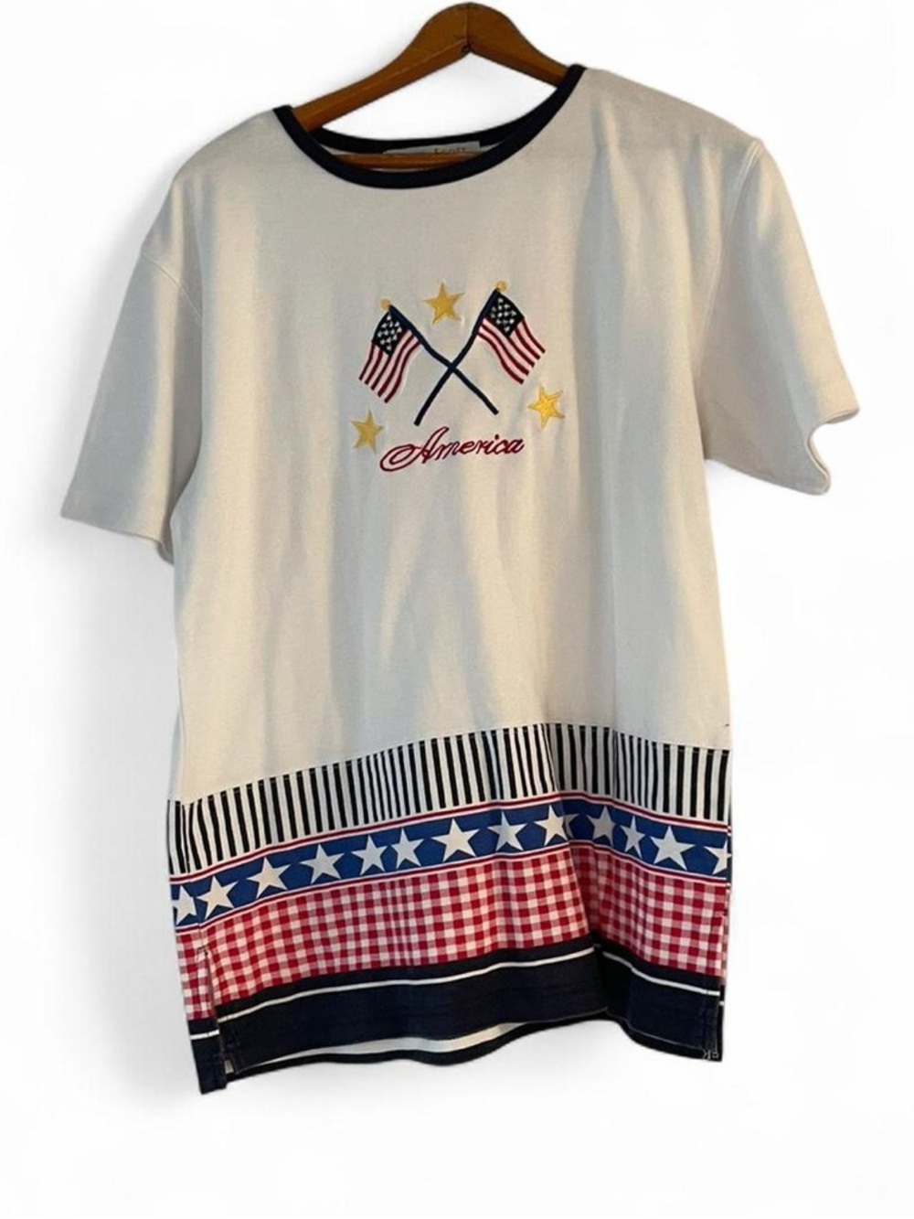 Karen Scott Petites Women's M Vintage 90s Americana America USA Applique T-Shirt